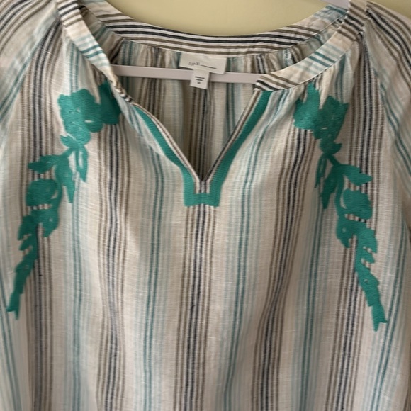 J. Jill Love Linen Blouse White With Teal Stripes Scroll Pattern Size M - Picture 3 of 10